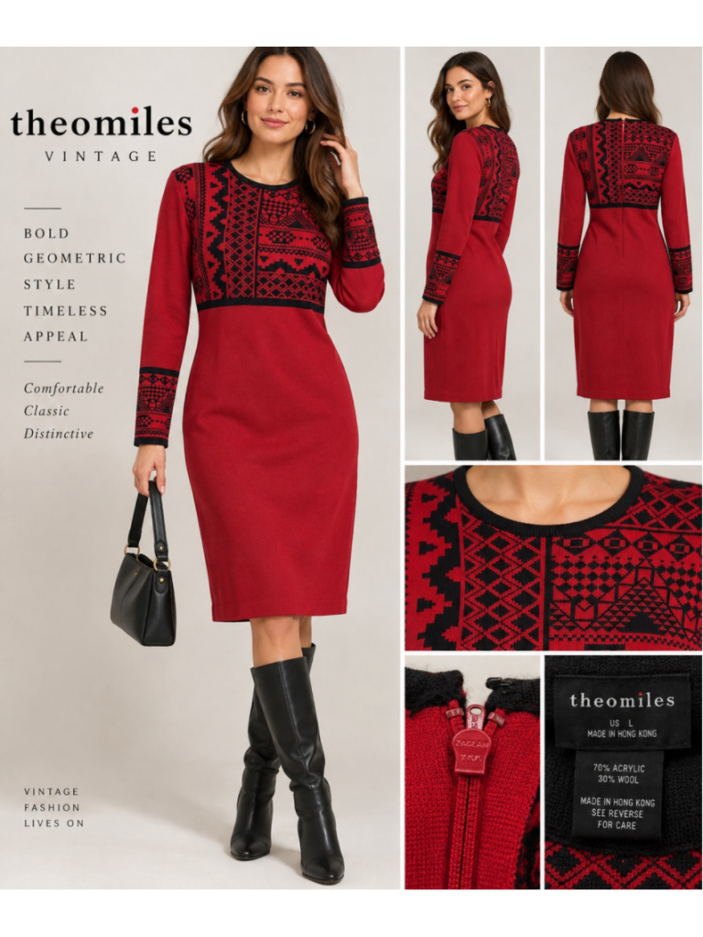Vintage Theomiles Red Black Wool Blend Knit Dress L NWT Geometric 90s Hong Kong
